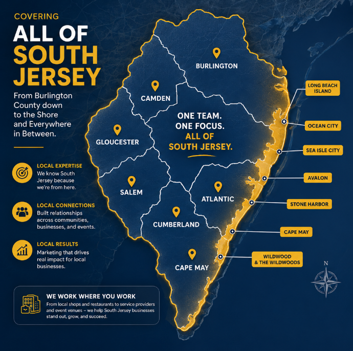 Map covering all of South Jersey — from Burlington County down to the Shore, including Ocean City, Sea Isle City, Avalon, Stone Harbor, Cape May, and the Wildwoods
